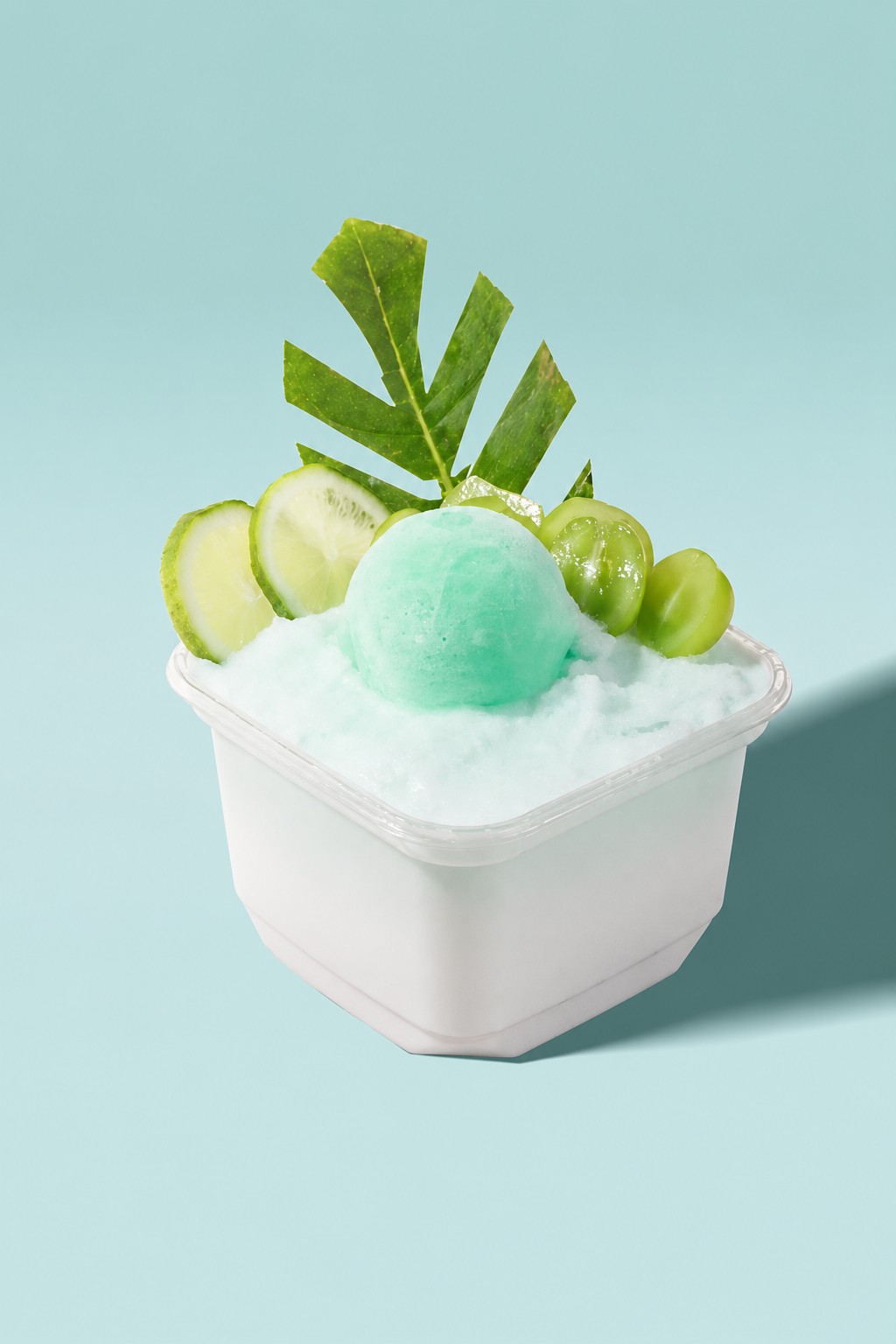 Minty coconut dessert bowl topped with green sorbet, grapes and a leaf