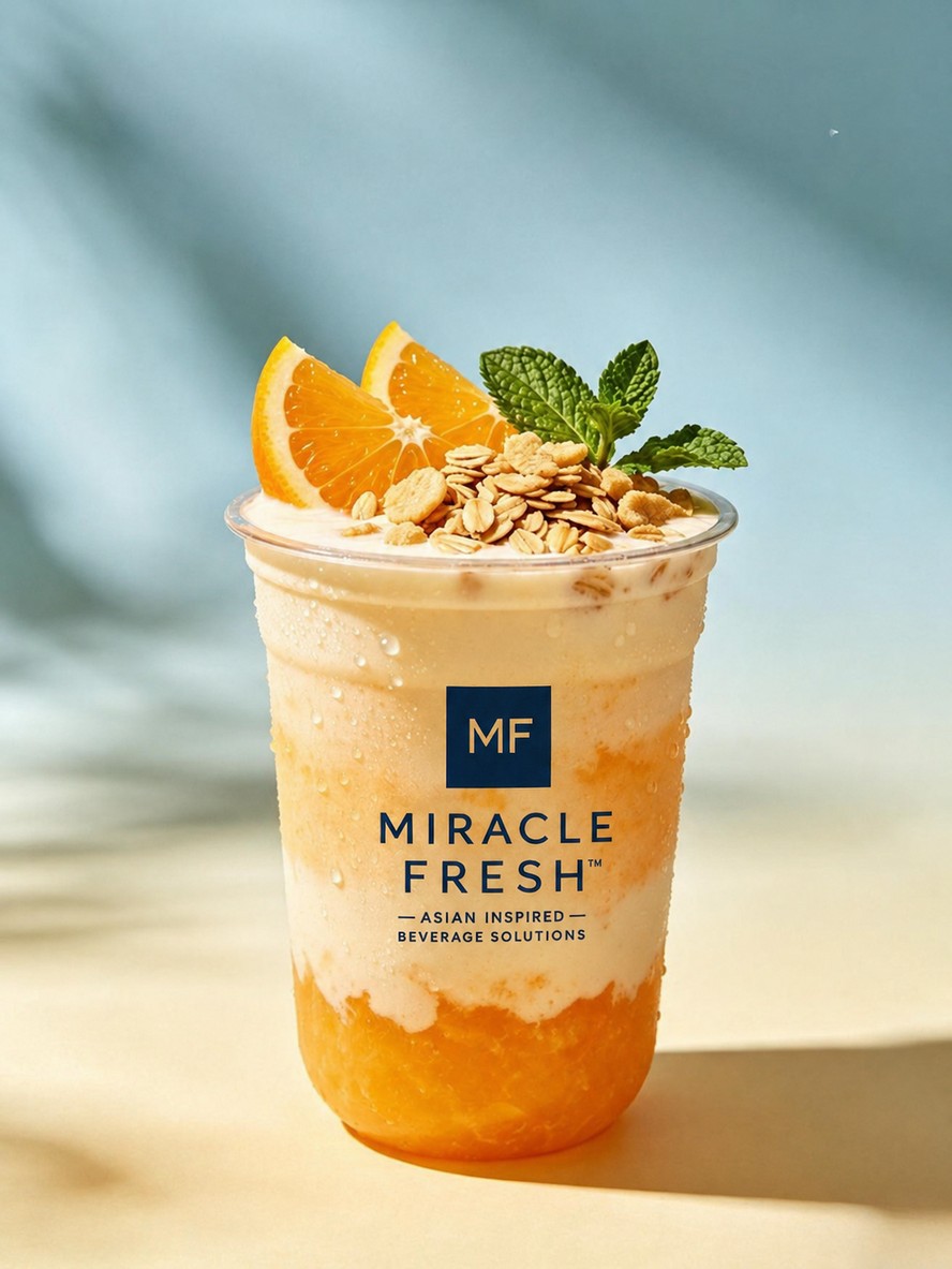 Orange and yuzu slush topped with yogurt cream and grated orange zest