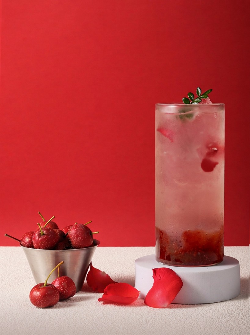 Sparkling crabapple, apple and coconut drink with a cold brew coffee float