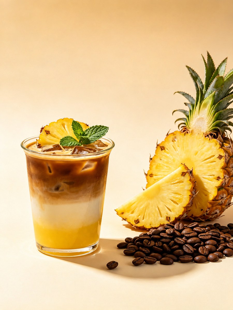 Iced oat milk coffee layered with pineapple pastry sauce