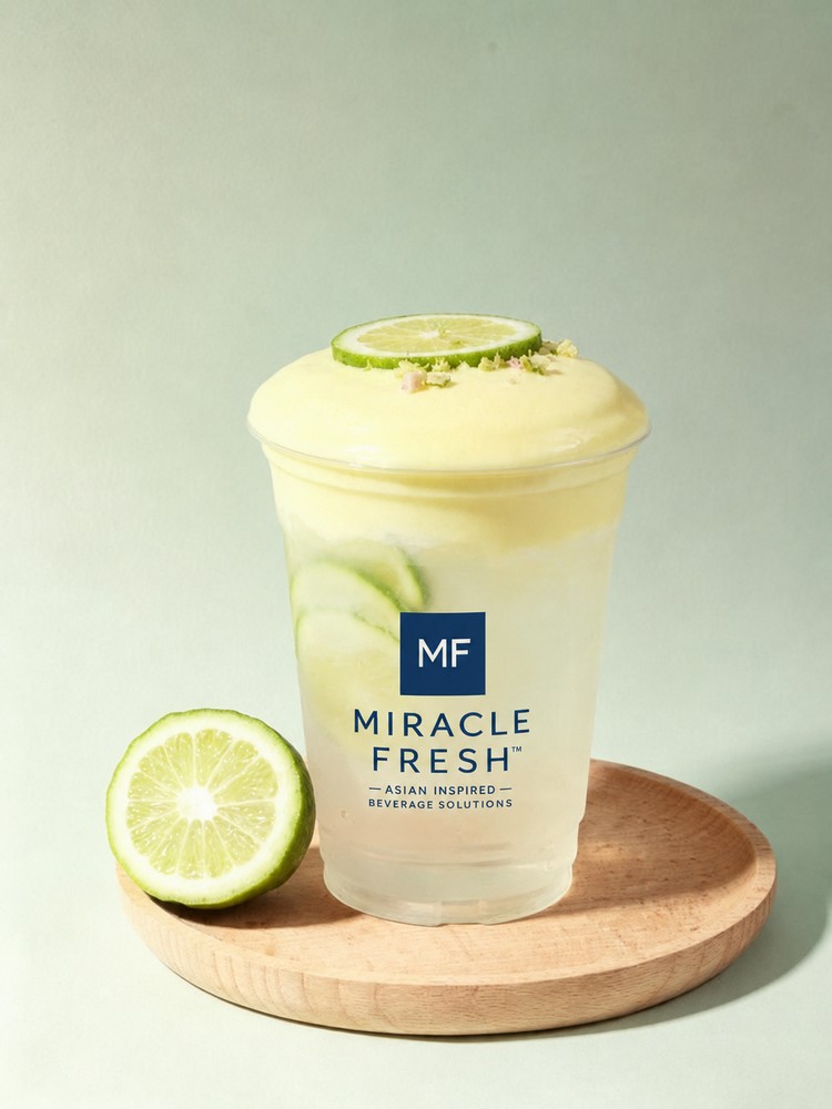 Lemon green tea topped with honey tangerine foam in a Miracle Fresh cup