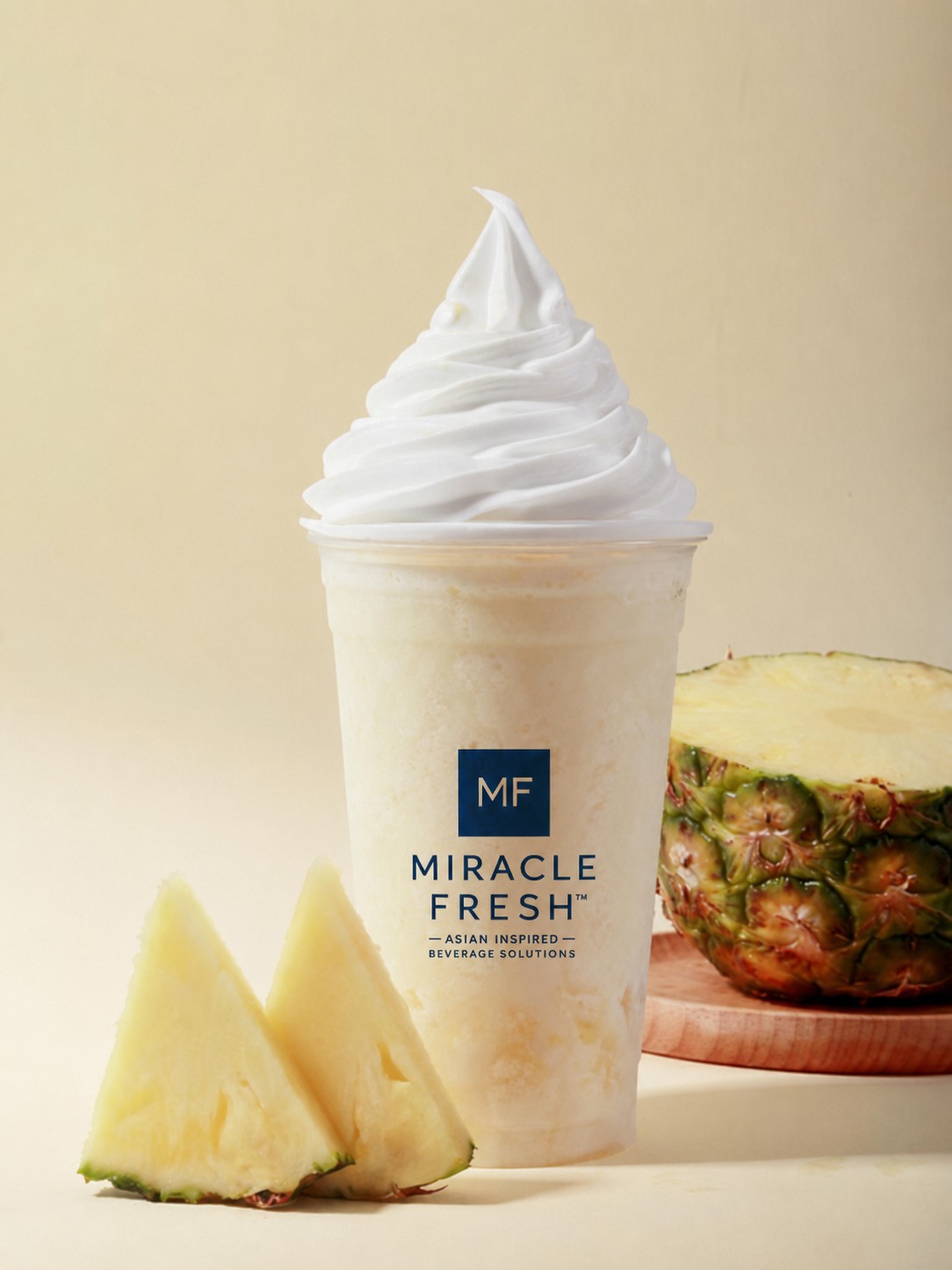 Pineapple coconut swirl slush topped with soft-serve ice cream
