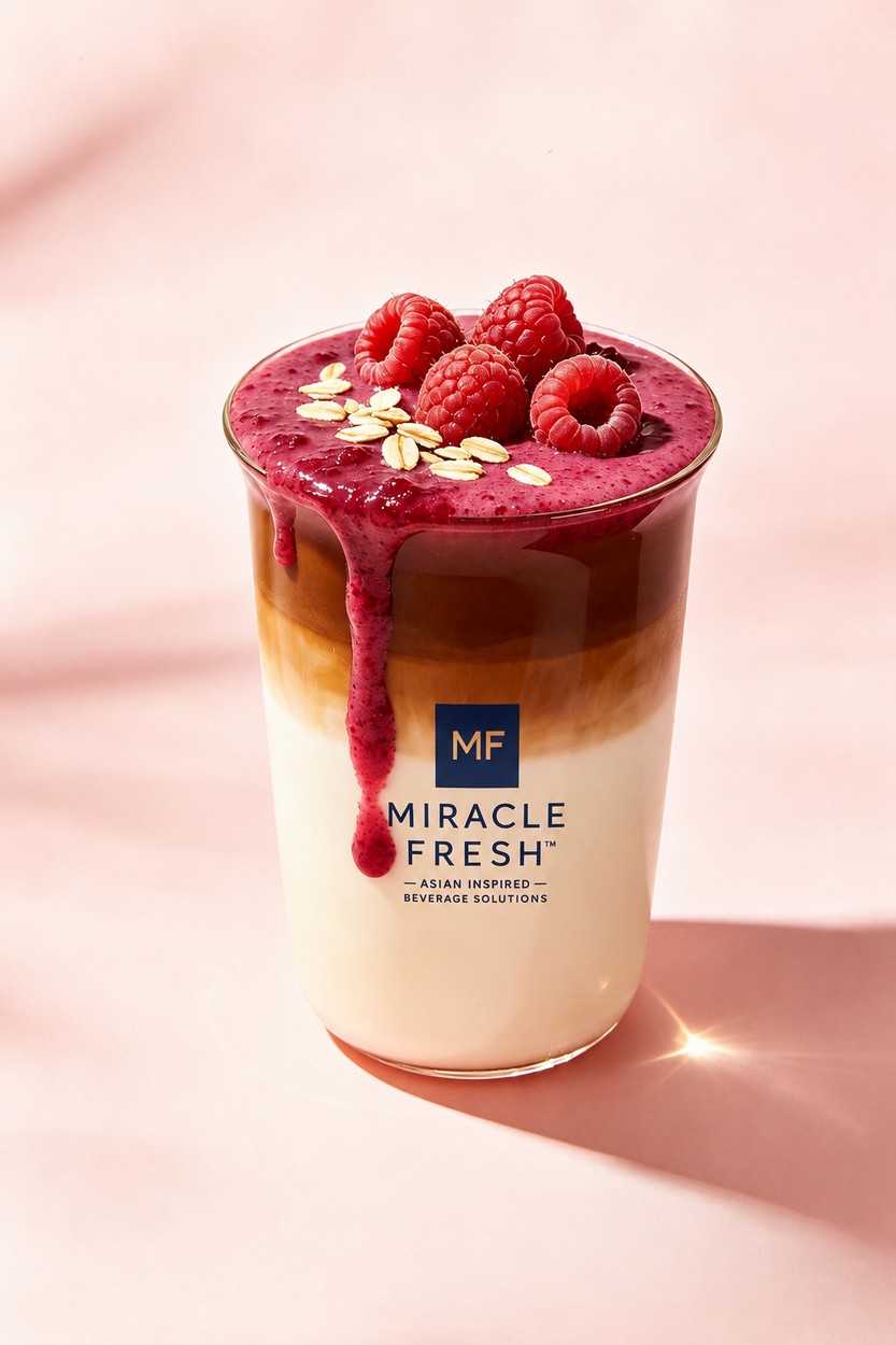 Cherry and raspberry oat milk coffee topped with salted cheese foam