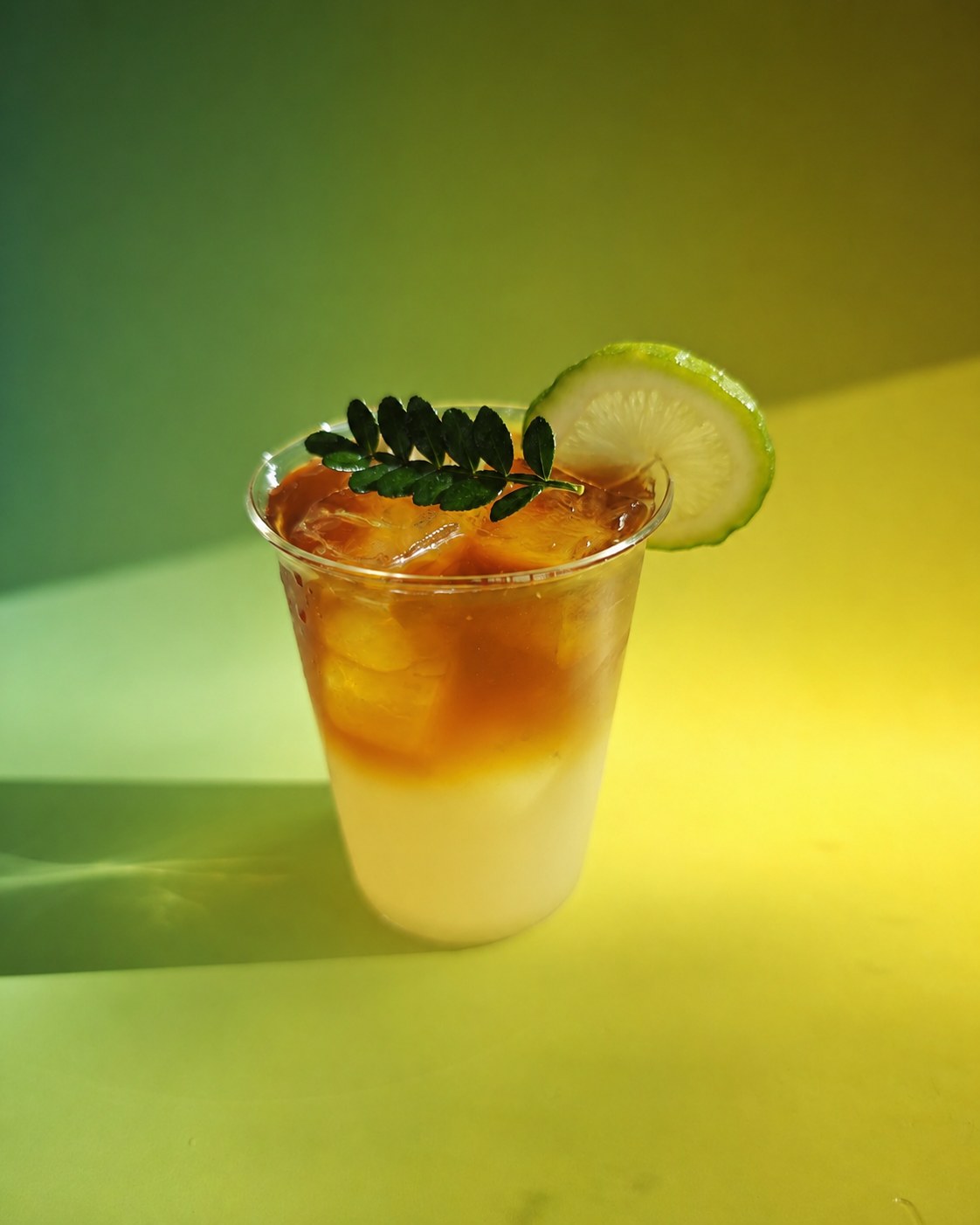 Sparkling coconut refresher with pomelo, kombucha, basil tomato syrup and cold brew