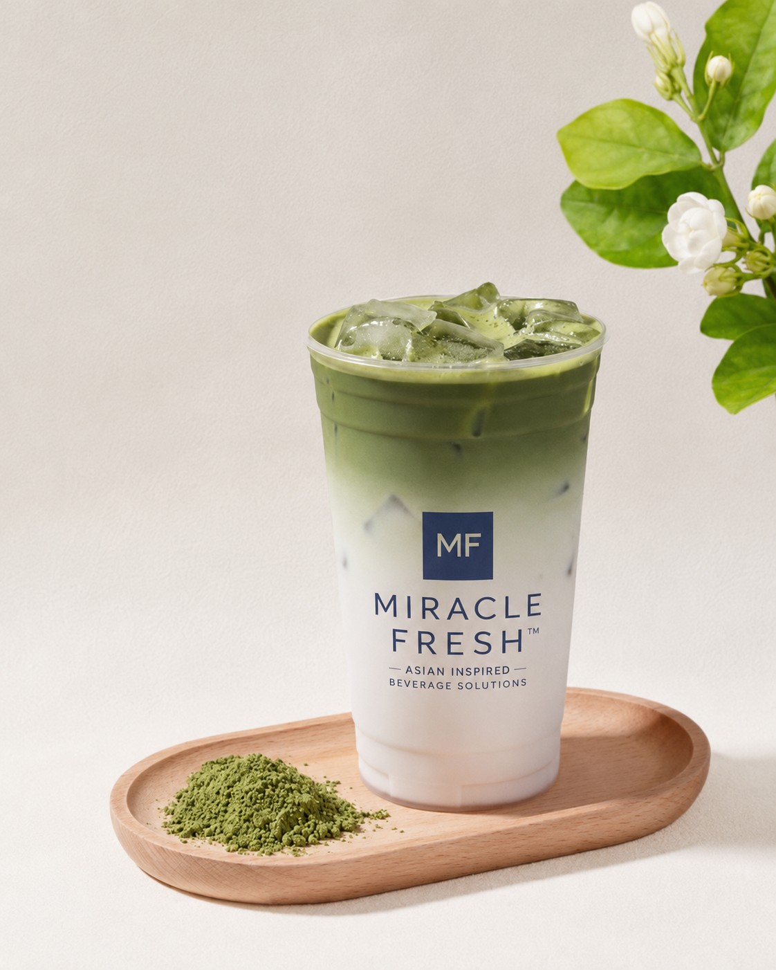 Layered iced matcha coconut latte with matcha powder alongside