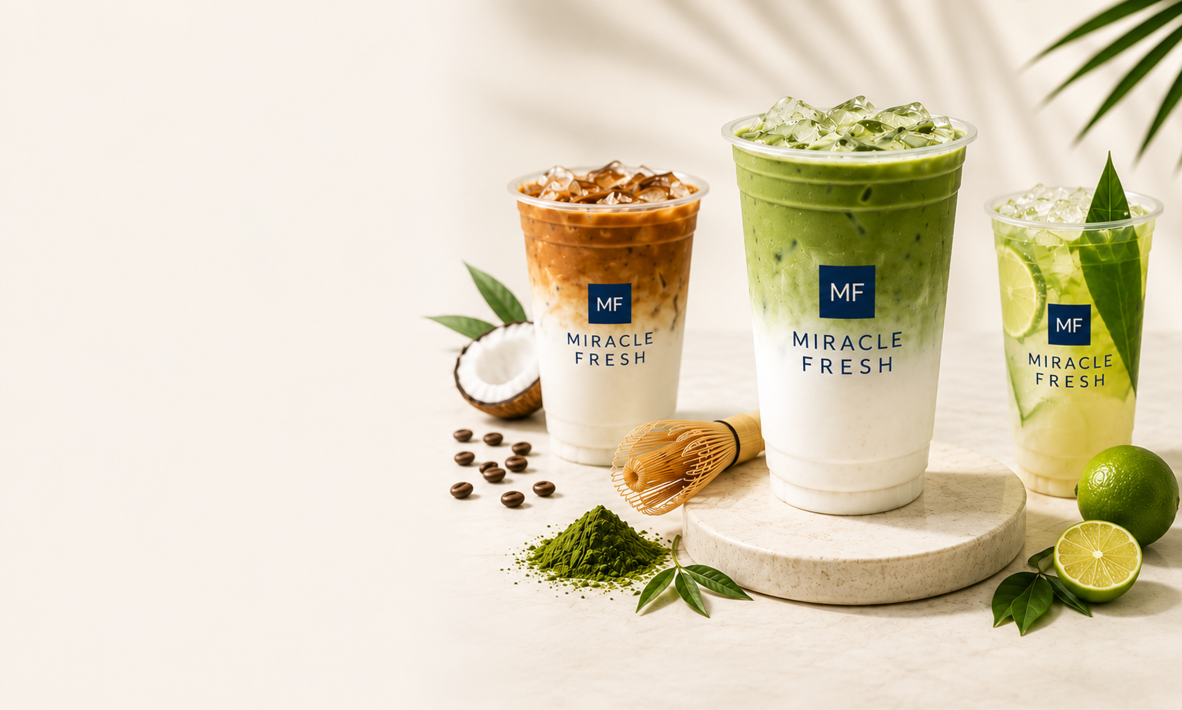 Three Miracle Fresh beverages in branded cups: iced coffee latte, matcha latte, and a lime refresher, with coconut, matcha powder and limes