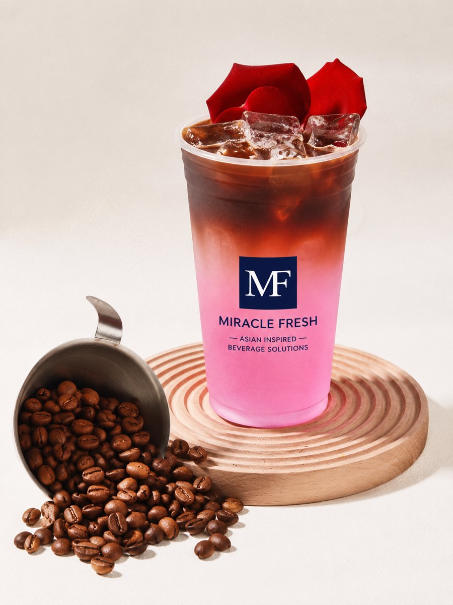 Layered coconut water coffee with rose hydrosol