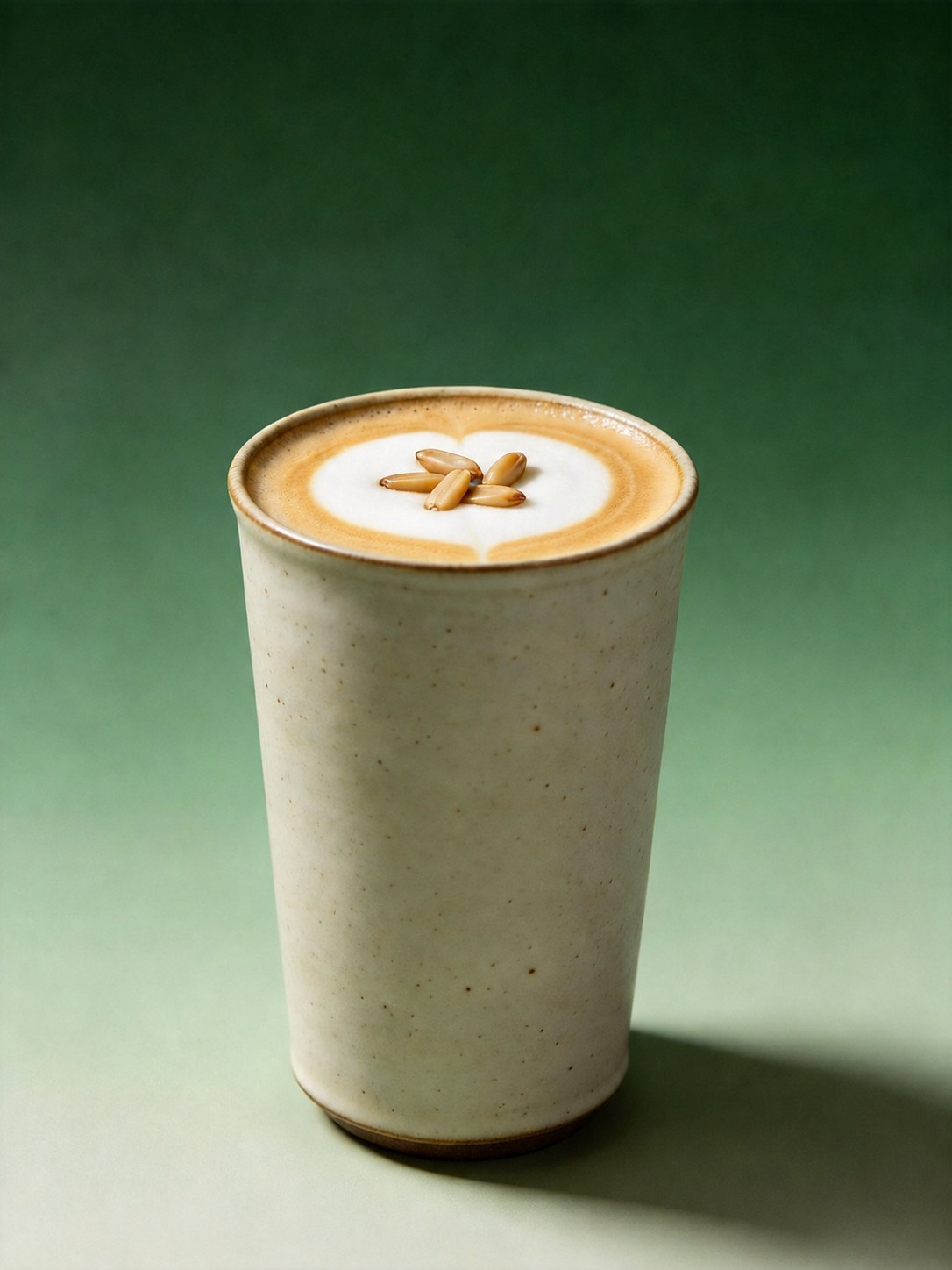 Hot coconut coffee with pine-nut paste, cream and toasted pine nuts