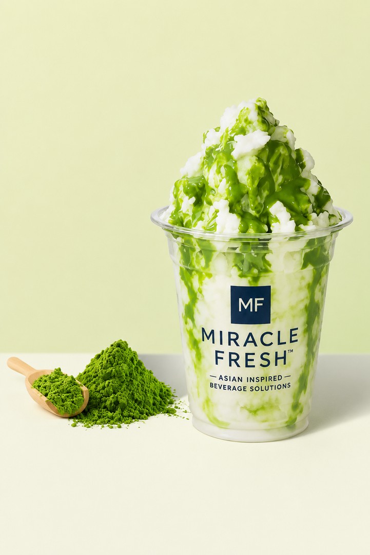 Matcha Coconut Shaved Ice served in a Miracle Fresh cup