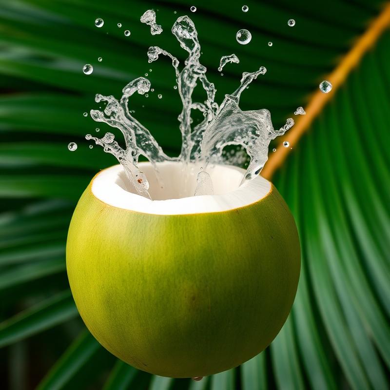 Fresh green coconut with coconut water splashing out of the top