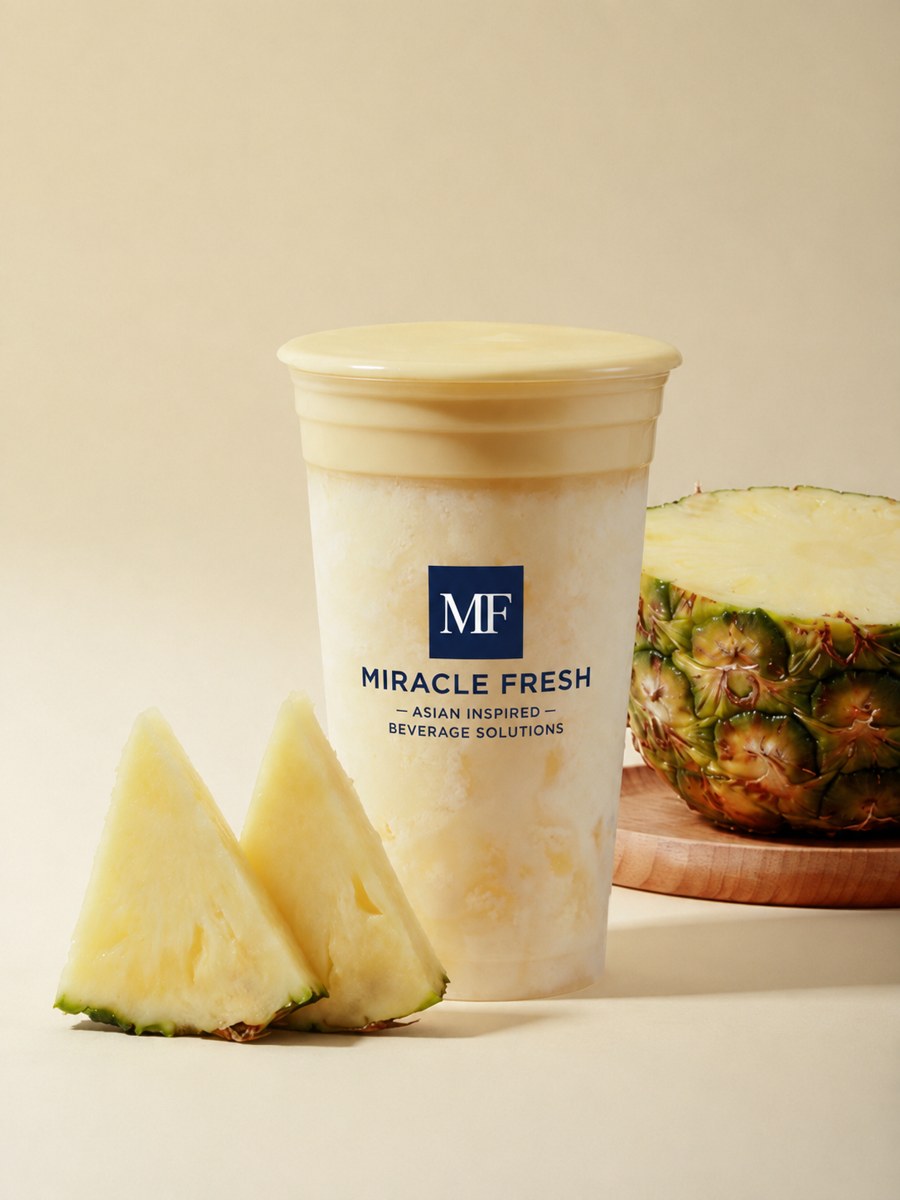 Pineapple coconut slush with sticky rice and roasted tea foam