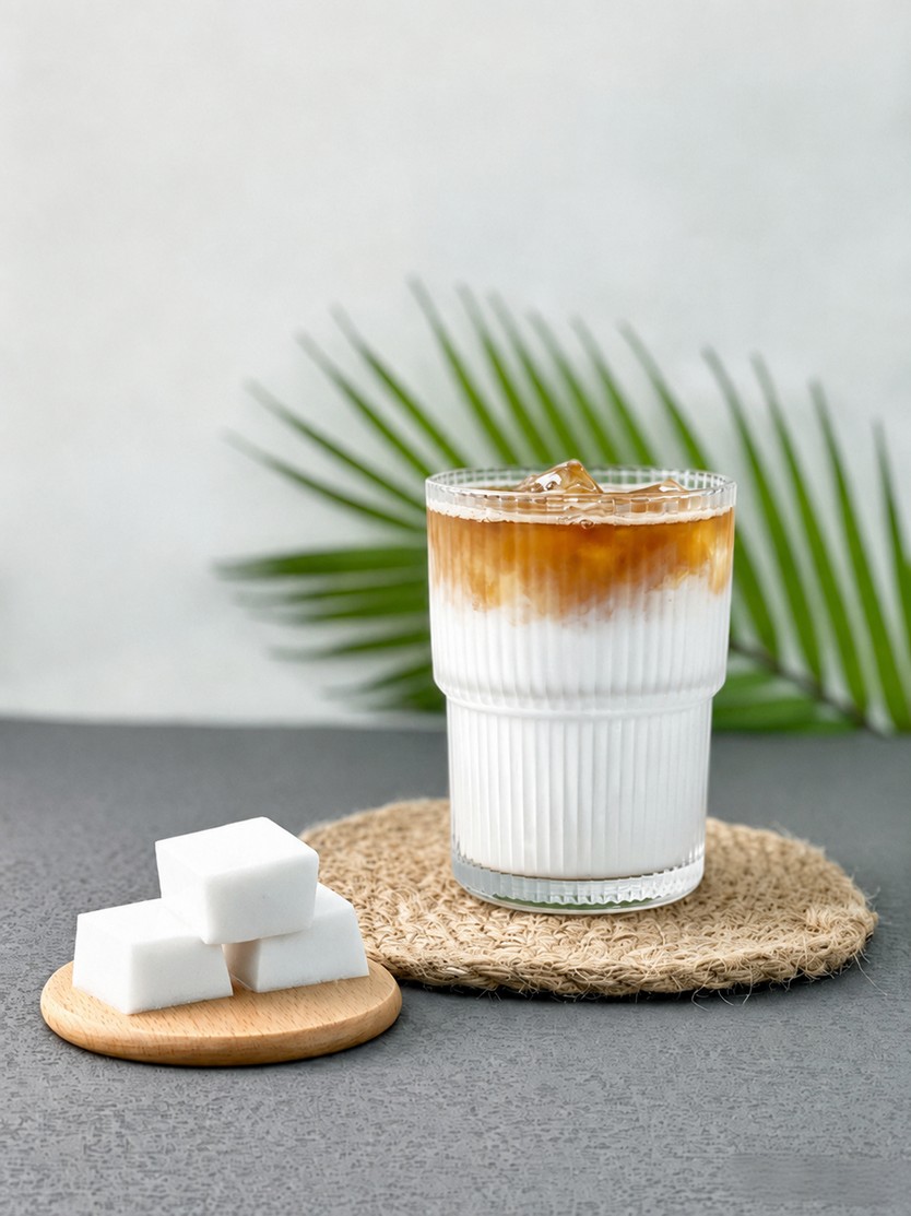 Iced coconut milk Pu-erh tea with caramelised fruit on a wooden coaster
