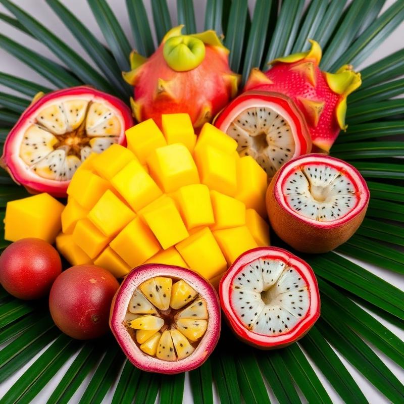 Tropical fruits including mango, dragon fruit, lychee and passion fruit on palm leaves