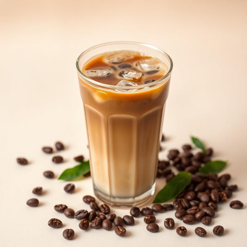 Iced coffee latte with scattered coffee beans