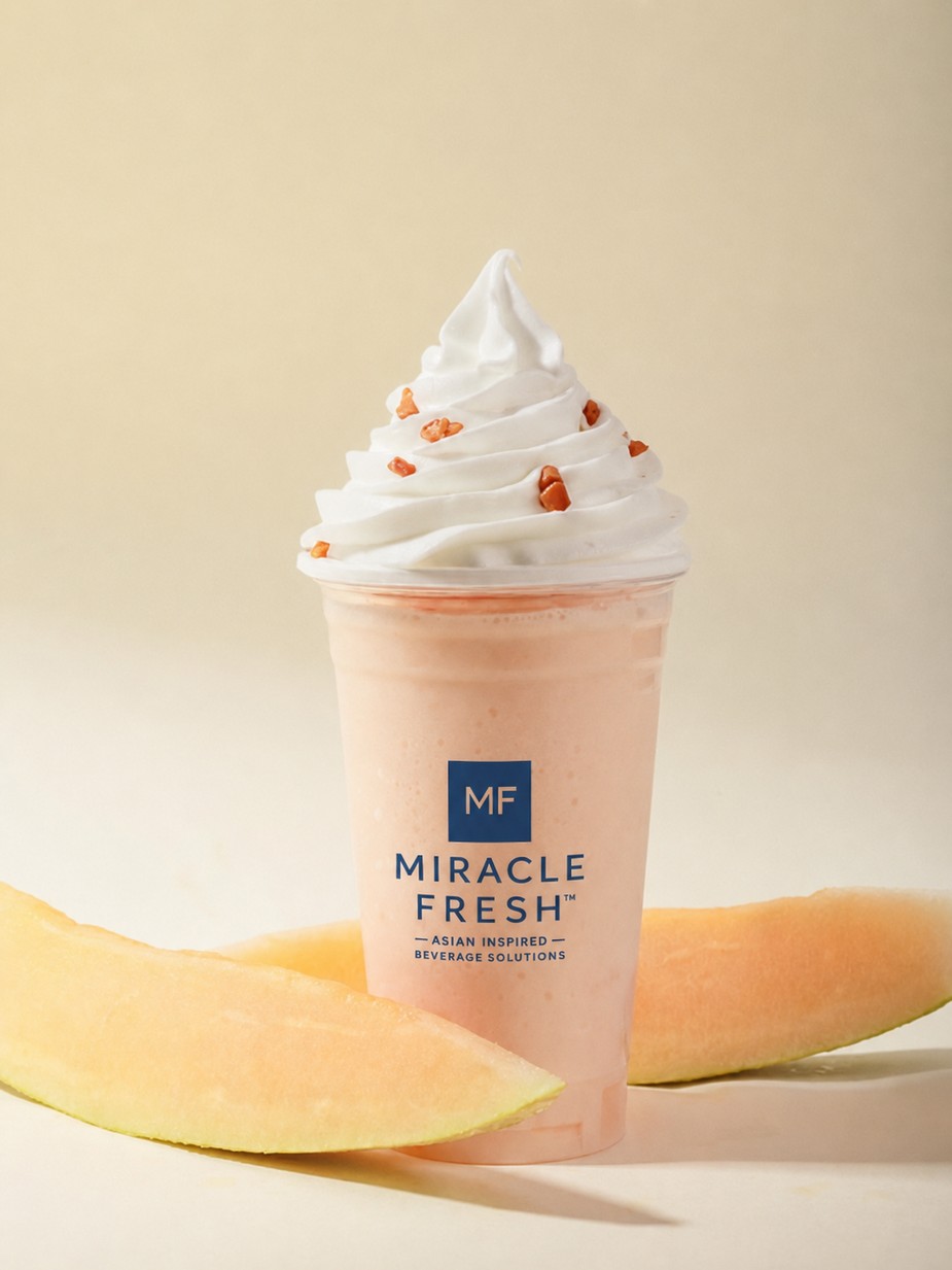 Melon coconut swirl slush topped with soft-serve ice cream