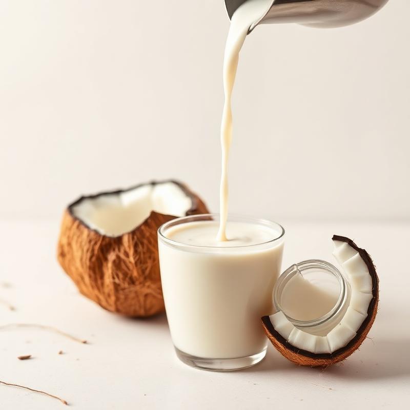 Coconut milk being poured into a latte cup beside a halved fresh coconut