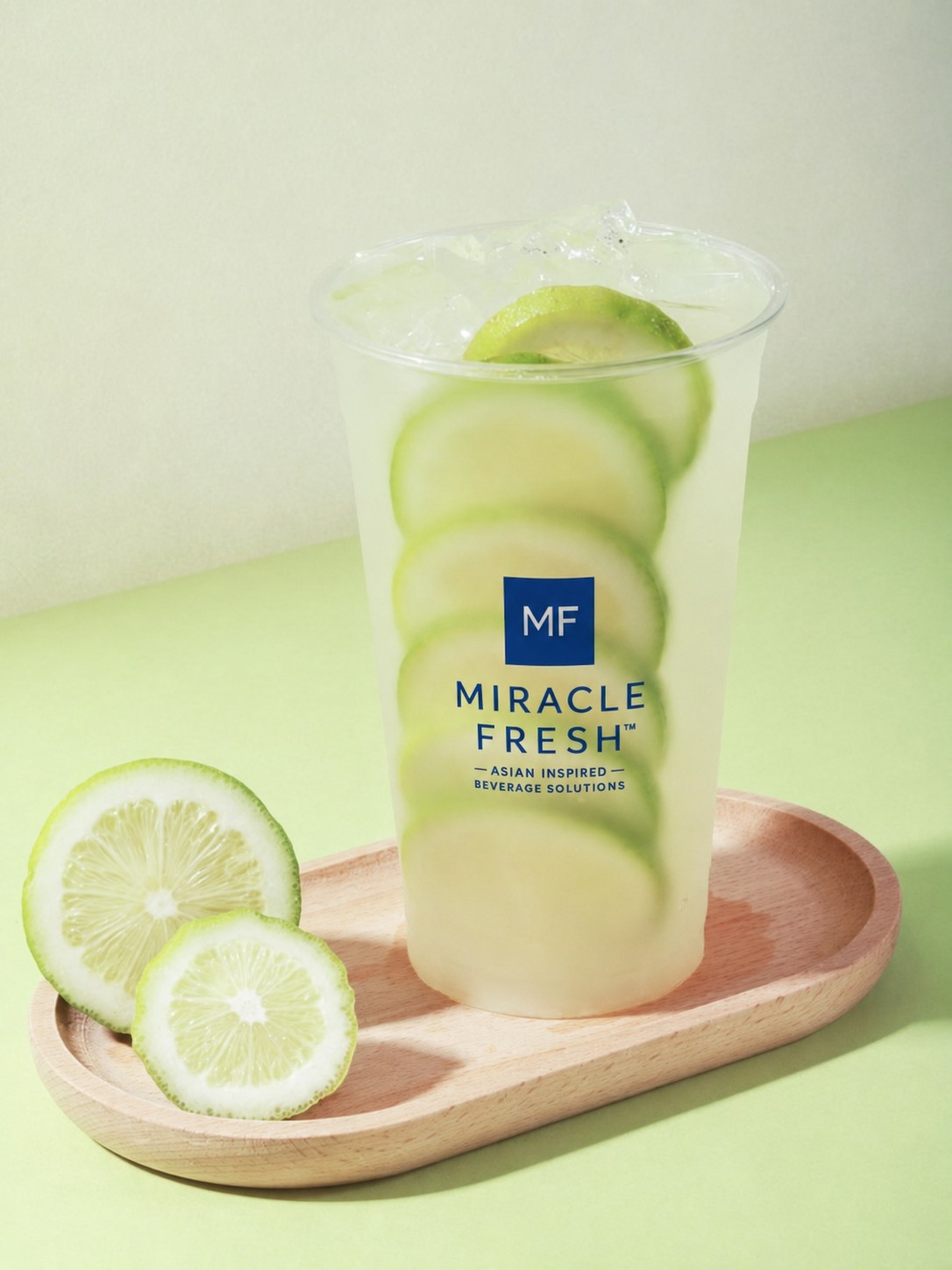 Coconut water lemonade garnished with perfume lemon slices in a Miracle Fresh cup
