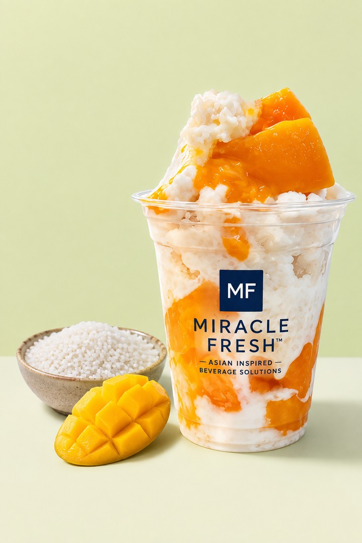 Mango Coconut Sticky Rice Freeze served in a Miracle Fresh cup