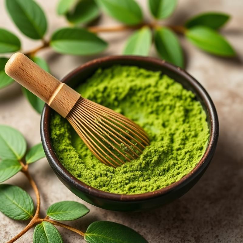 Vibrant green matcha powder in a dark ceramic bowl with a bamboo whisk