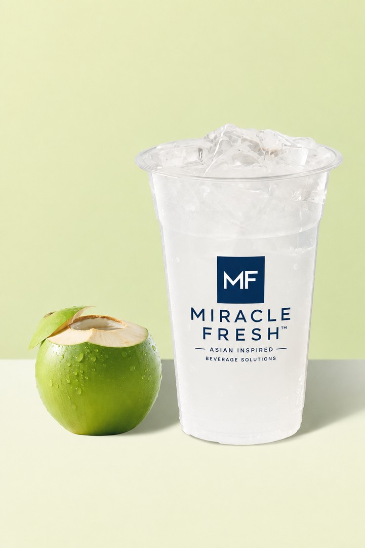 100% Thai Fragrant Coconut Water served in a Miracle Fresh cup