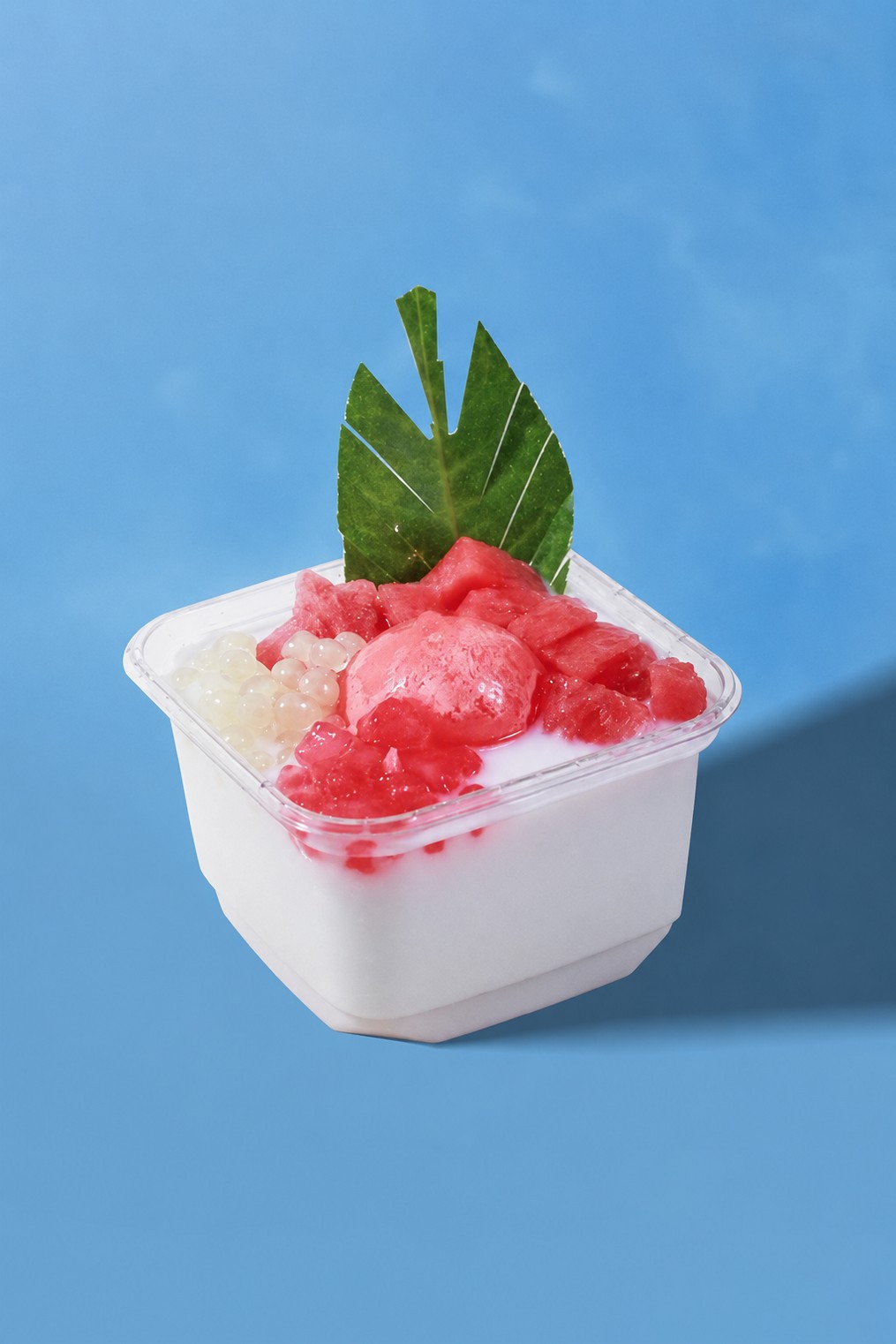 Coconut dessert bowl with watermelon, popping boba and ice cream