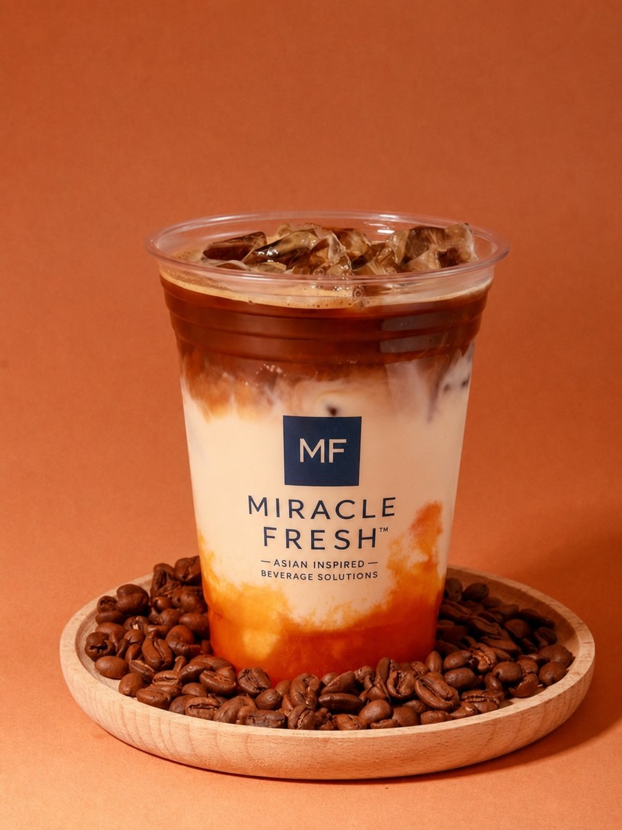 Apricot and mandarin oat milk iced latte with espresso layer