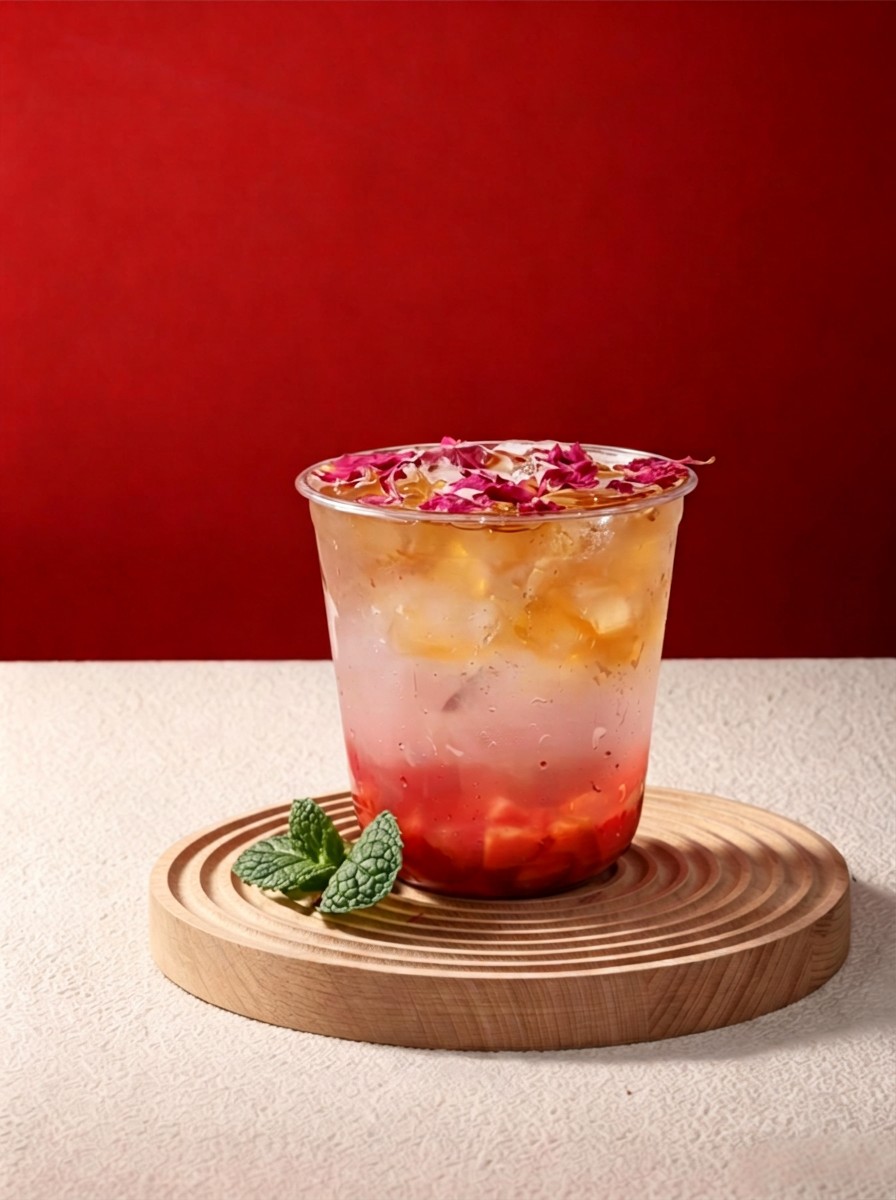 Blended rose and spider fruit tea garnished with rose petals on a wooden coaster