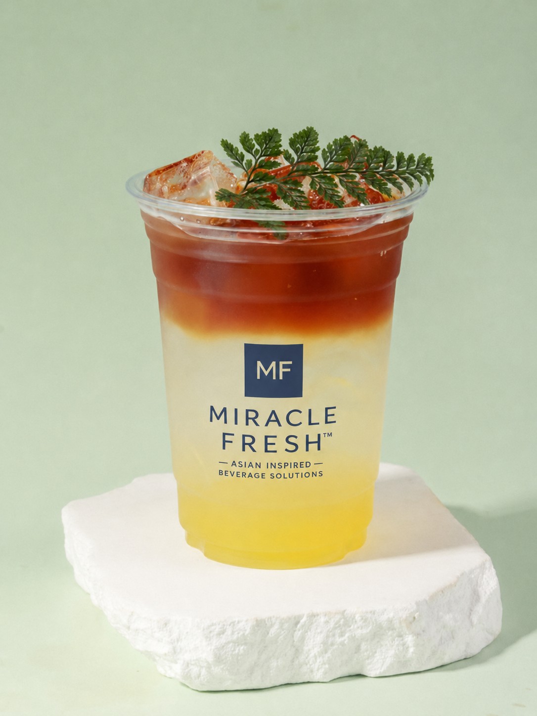 Layered green mandarin coconut water refresher with a fern garnish in a Miracle Fresh cup