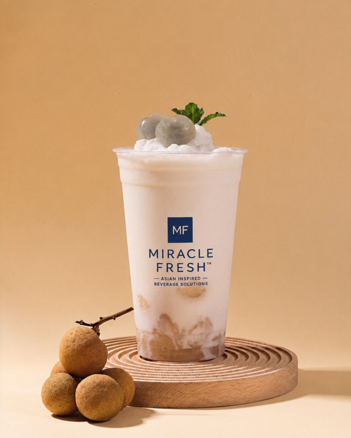 Blended longan coconut drink in a clear cup