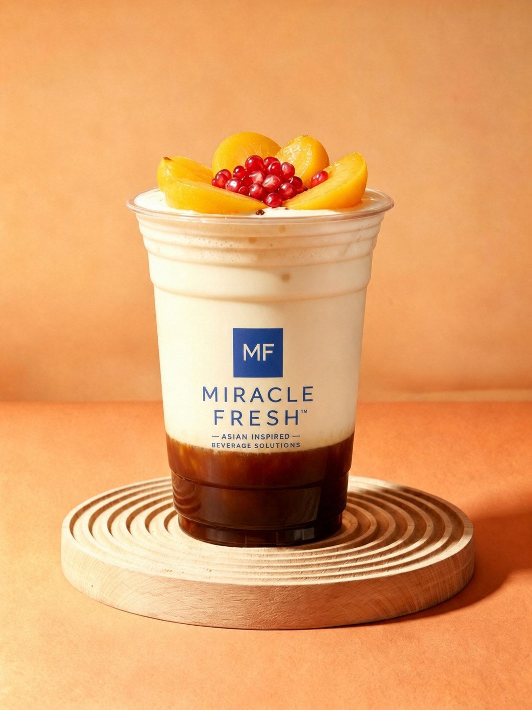 Yellow apricot and pomegranate iced pour-over coffee over coconut water