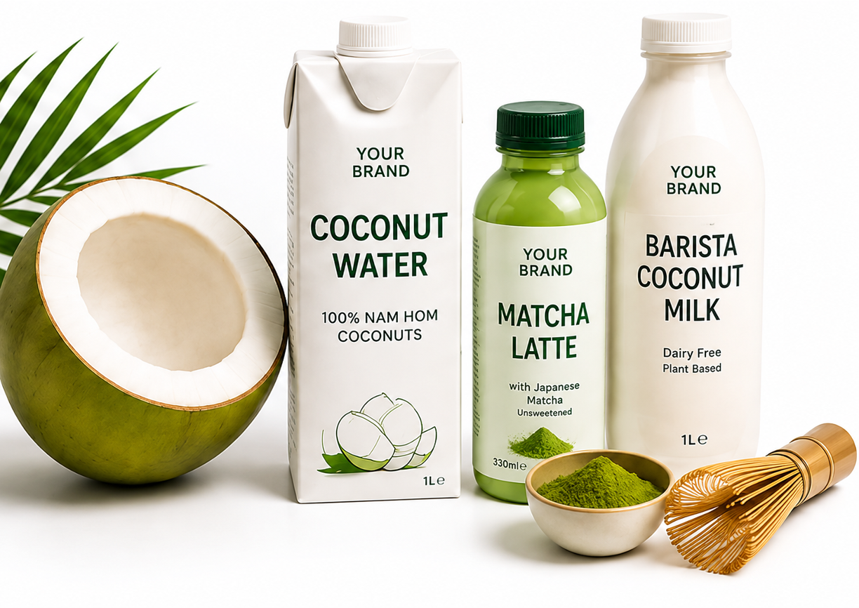 Miracle Fresh product lineup: coconut water, matcha latte and barista coconut milk