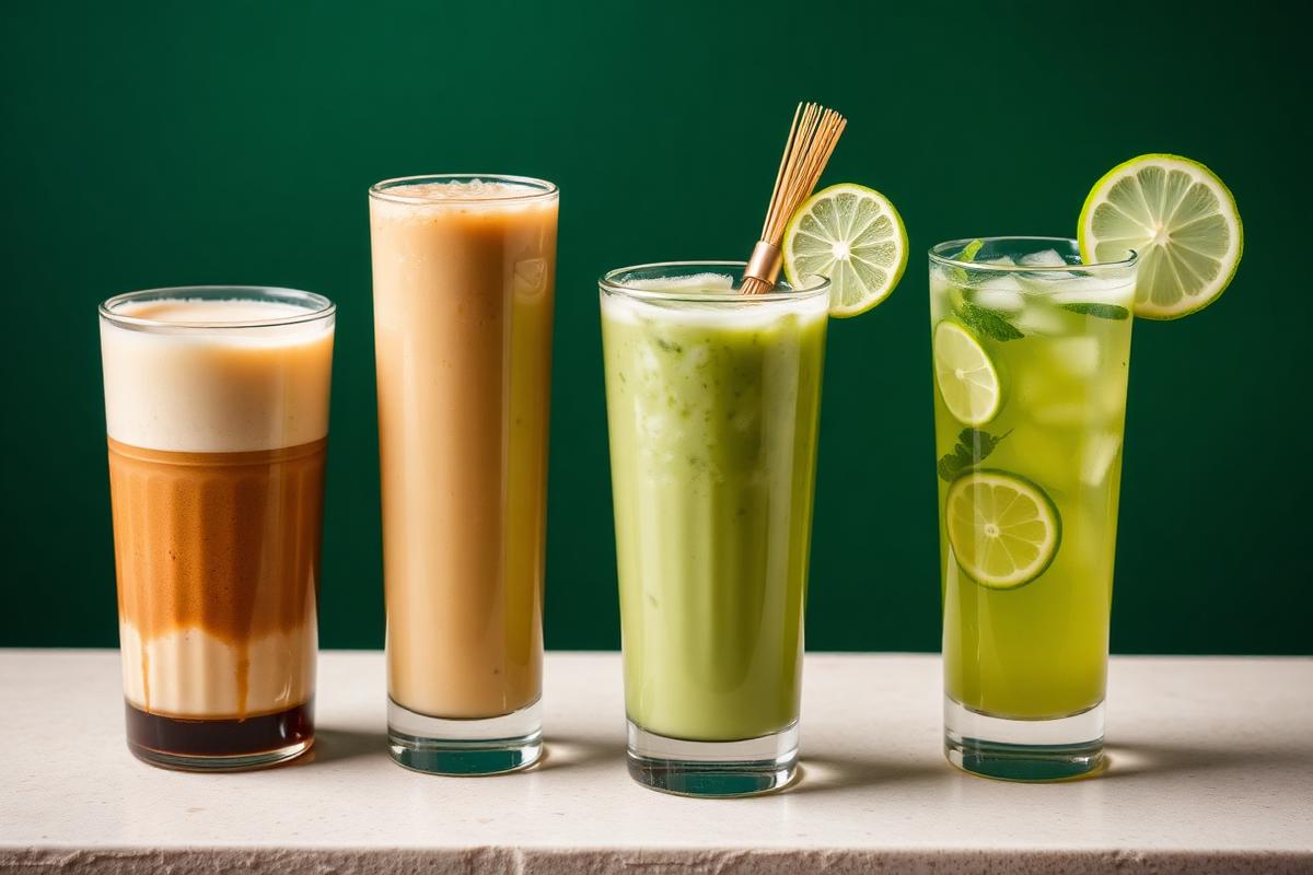 Three Asian iced beverages in tall glasses