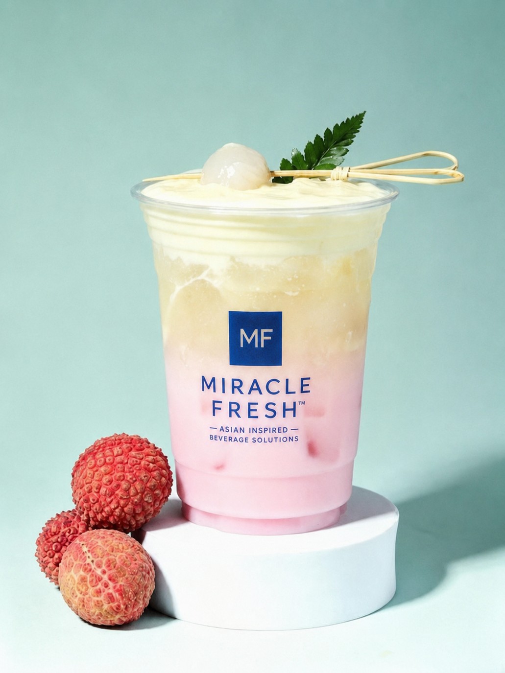 Lychee jasmine coconut drink topped with rice-wine yogurt foam in a Miracle Fresh cup