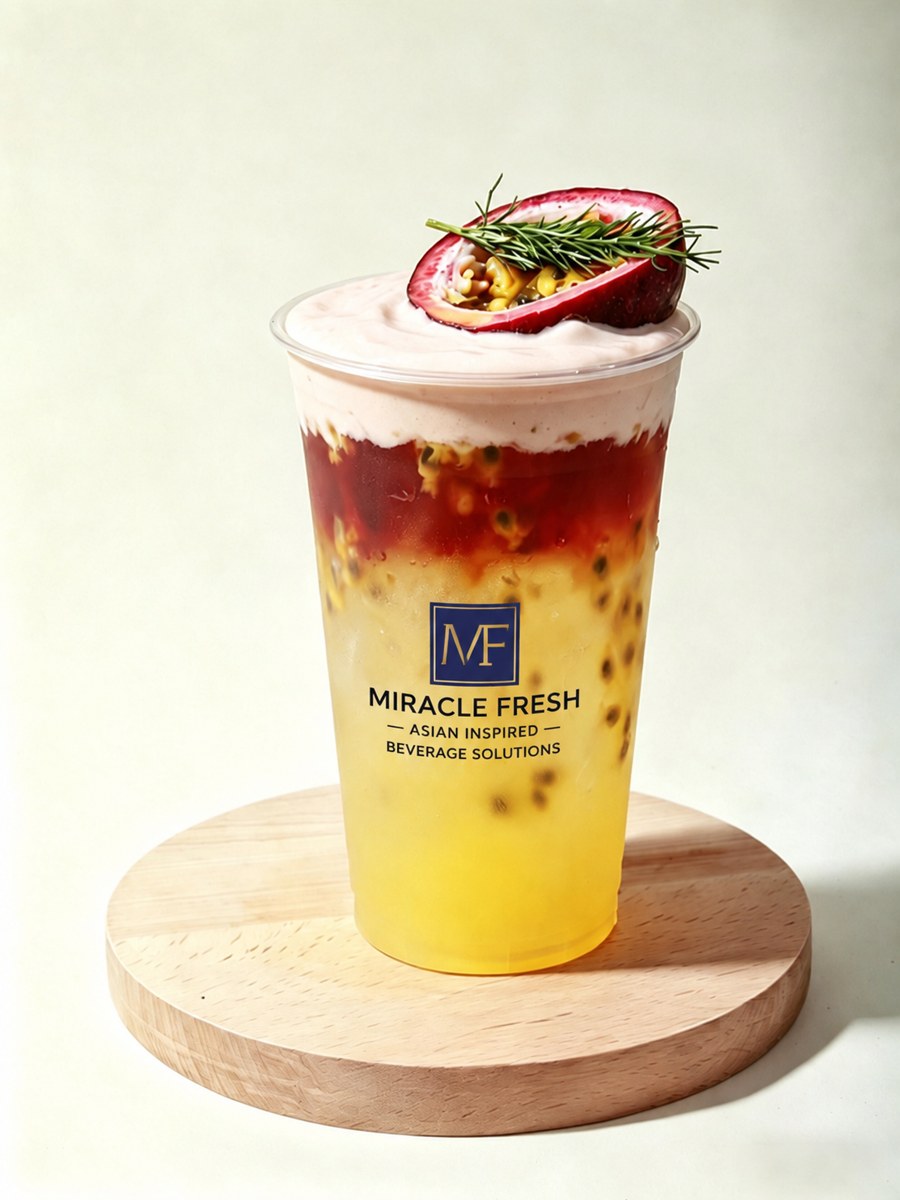 Wampee and passion fruit satay coconut coffee with cucumber foam