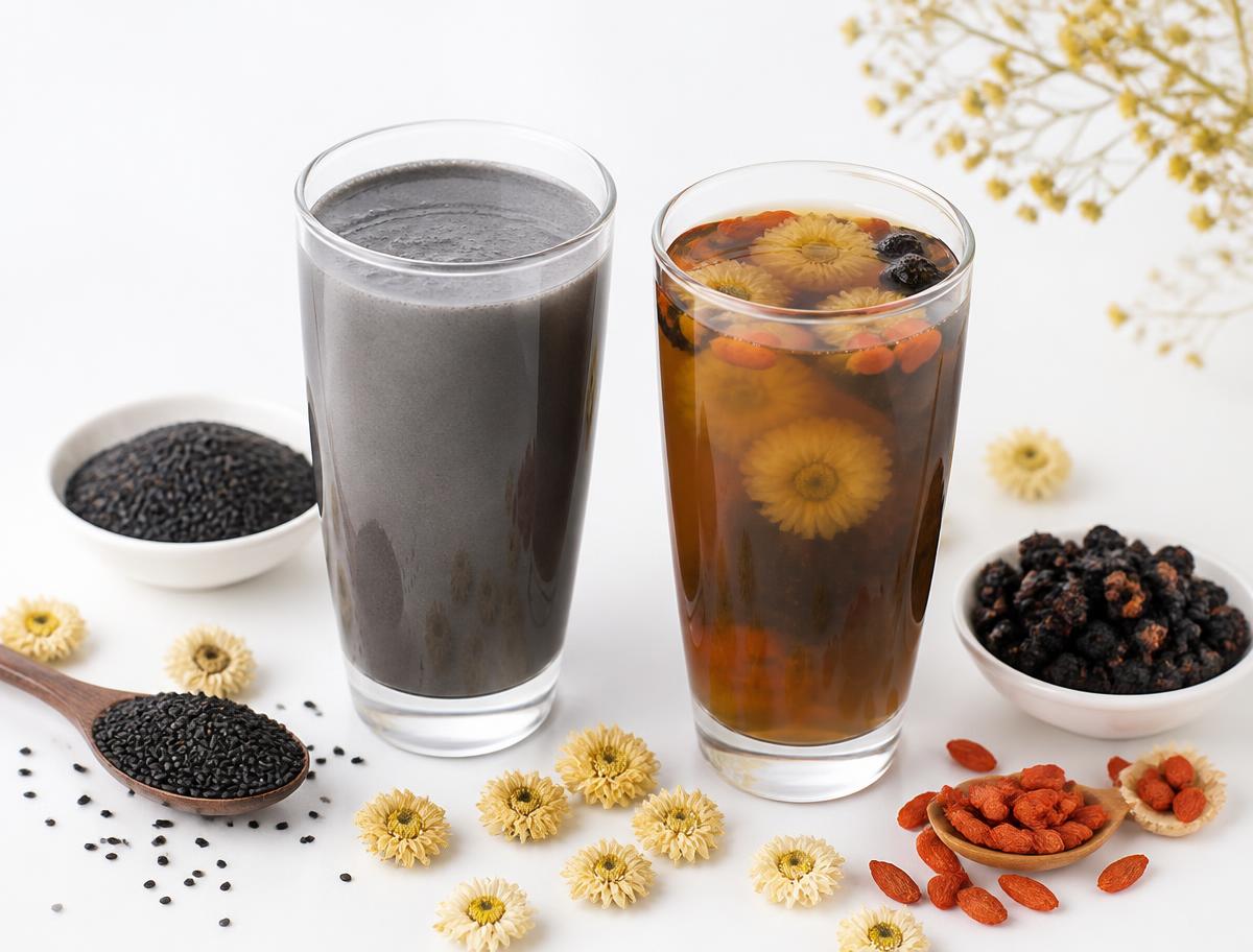 Asian botanical beverages with chrysanthemum flowers, goji berries and black sesame